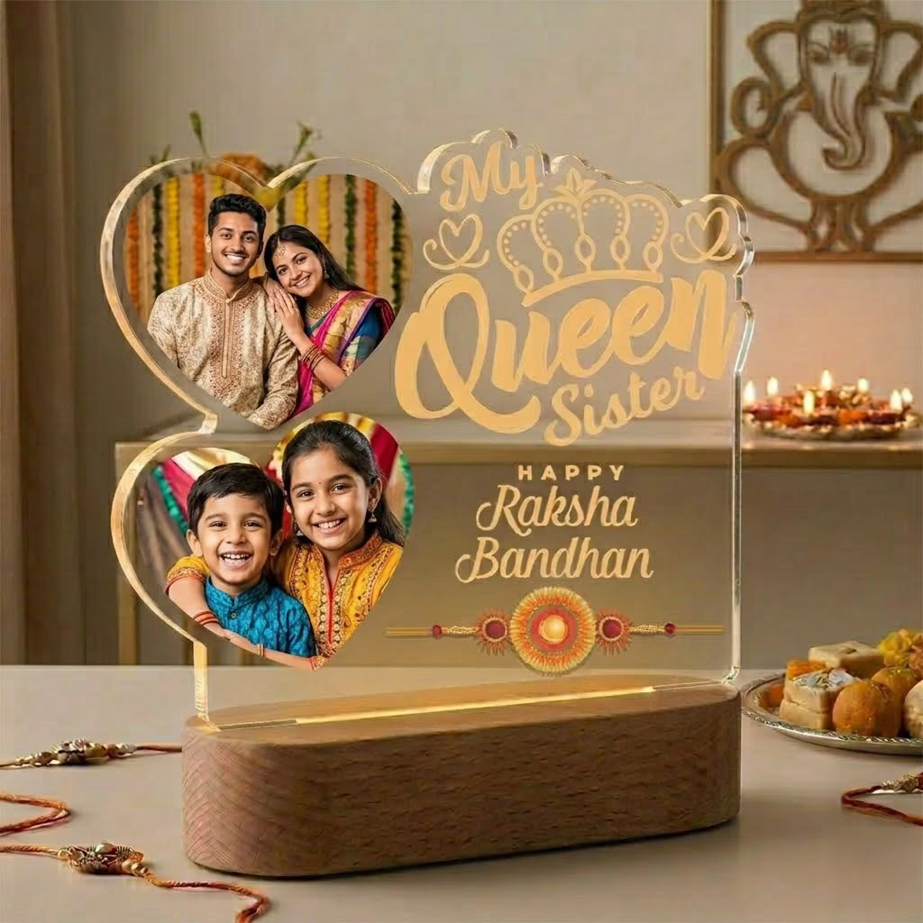 Side View My Queen Sister Raksha Bandhan acrylic LED lamp with two heart photos and crown