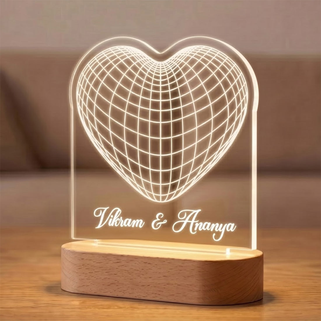 3D Heart laser engraved acrylic LED lamp with custom couple names on wooden base