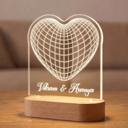 3D Heart laser engraved acrylic LED lamp with custom couple names on wooden base