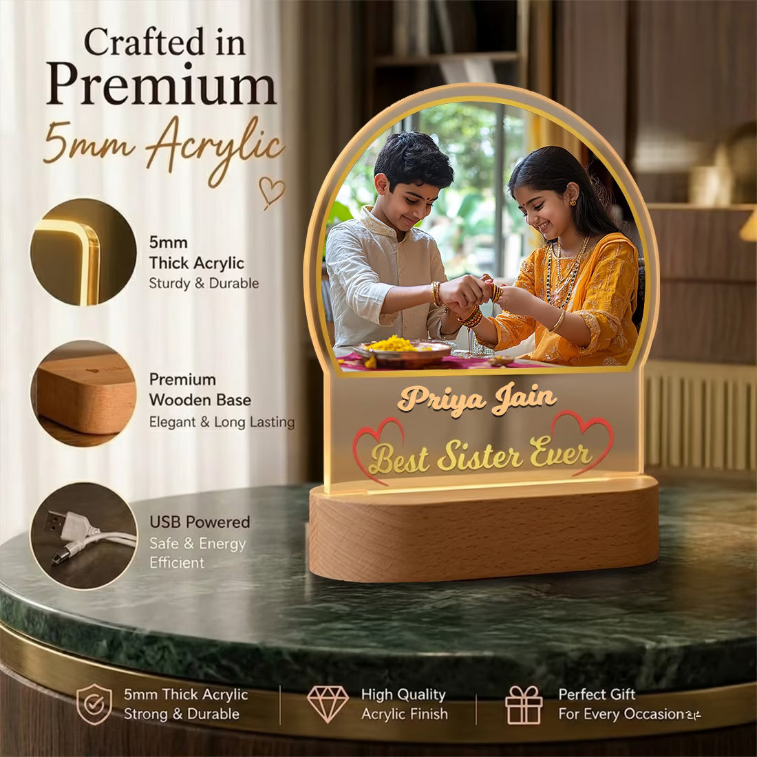 Infographic View of Best Sister Ever acrylic LED photo lamp with brother sister portrait and name