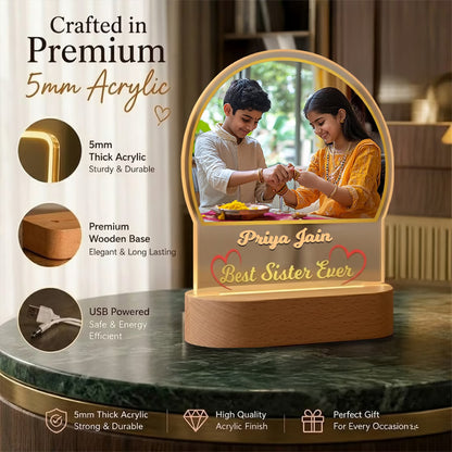 Infographic View of Best Sister Ever acrylic LED photo lamp with brother sister portrait and name