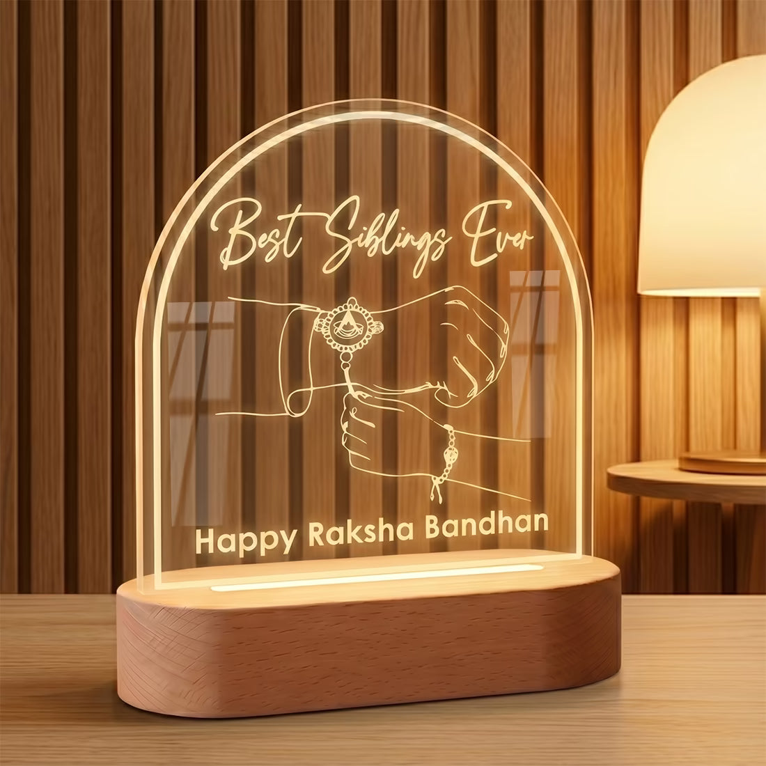 Side View of Best Siblings Ever Raksha Bandhan acrylic LED lamp with Rakhi tying line art