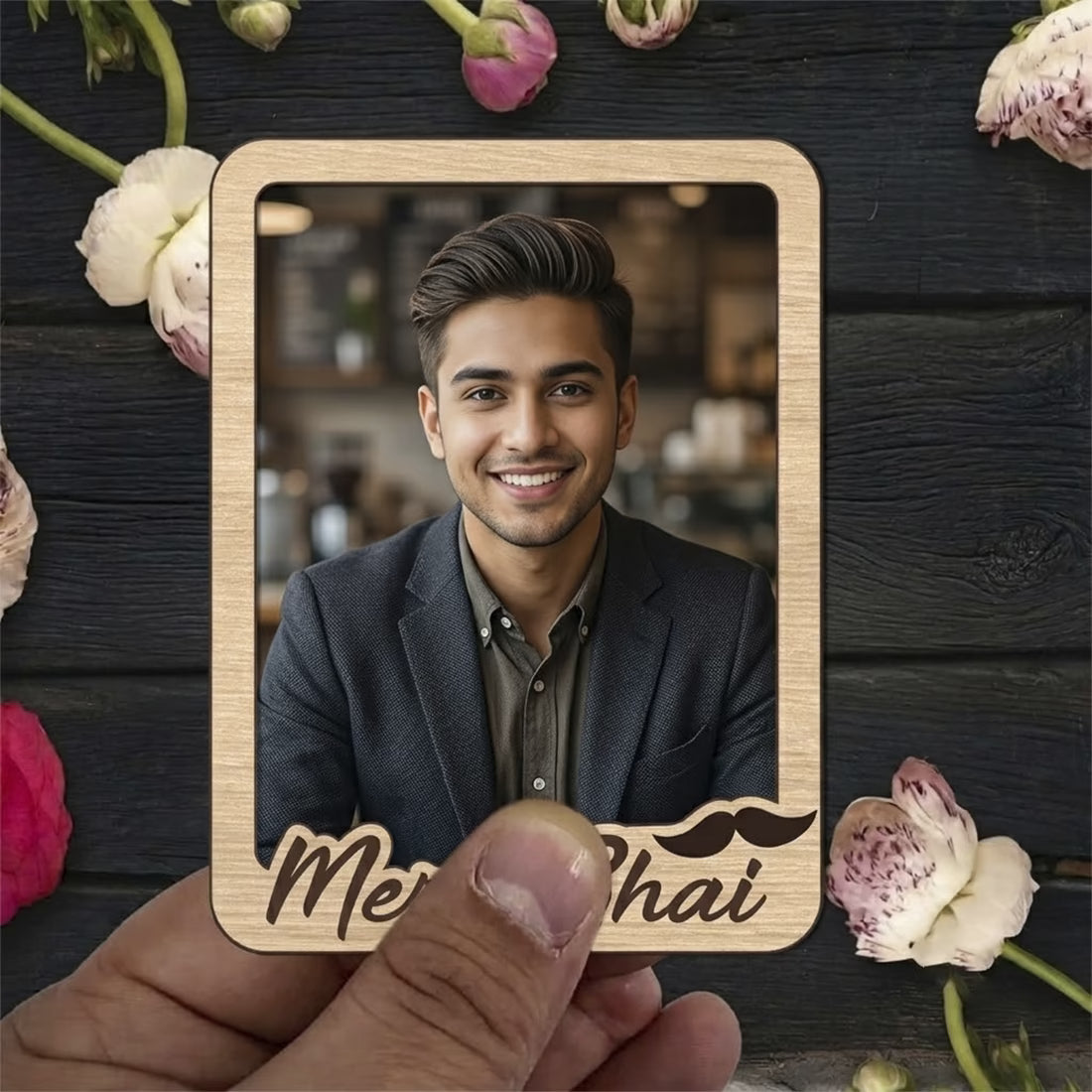 Mera Bhai custom photo wooden fridge magnet with script and mustache accent