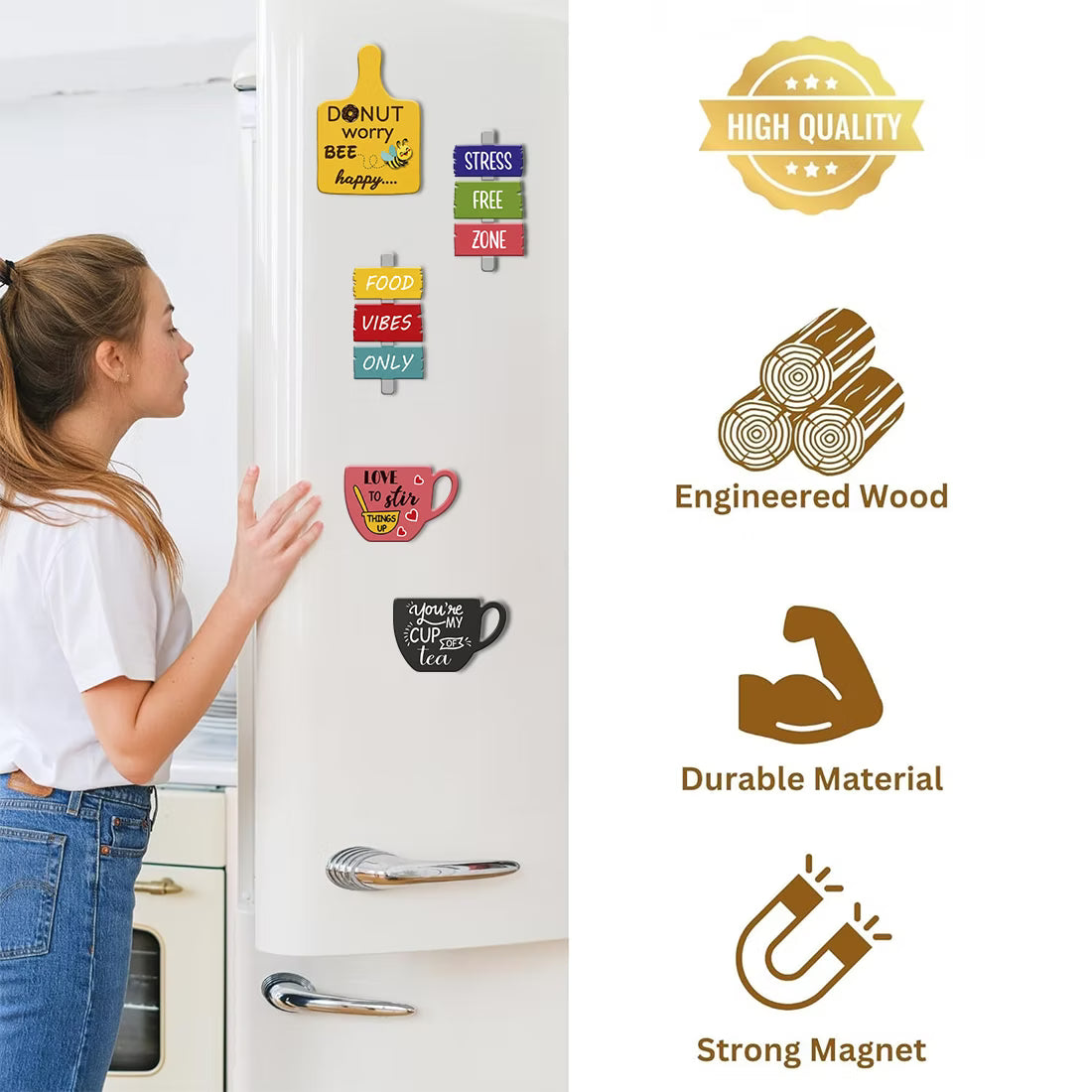 Kitchen Quotes MDF wooden fridge magnet set of 5 with fun typography and designs