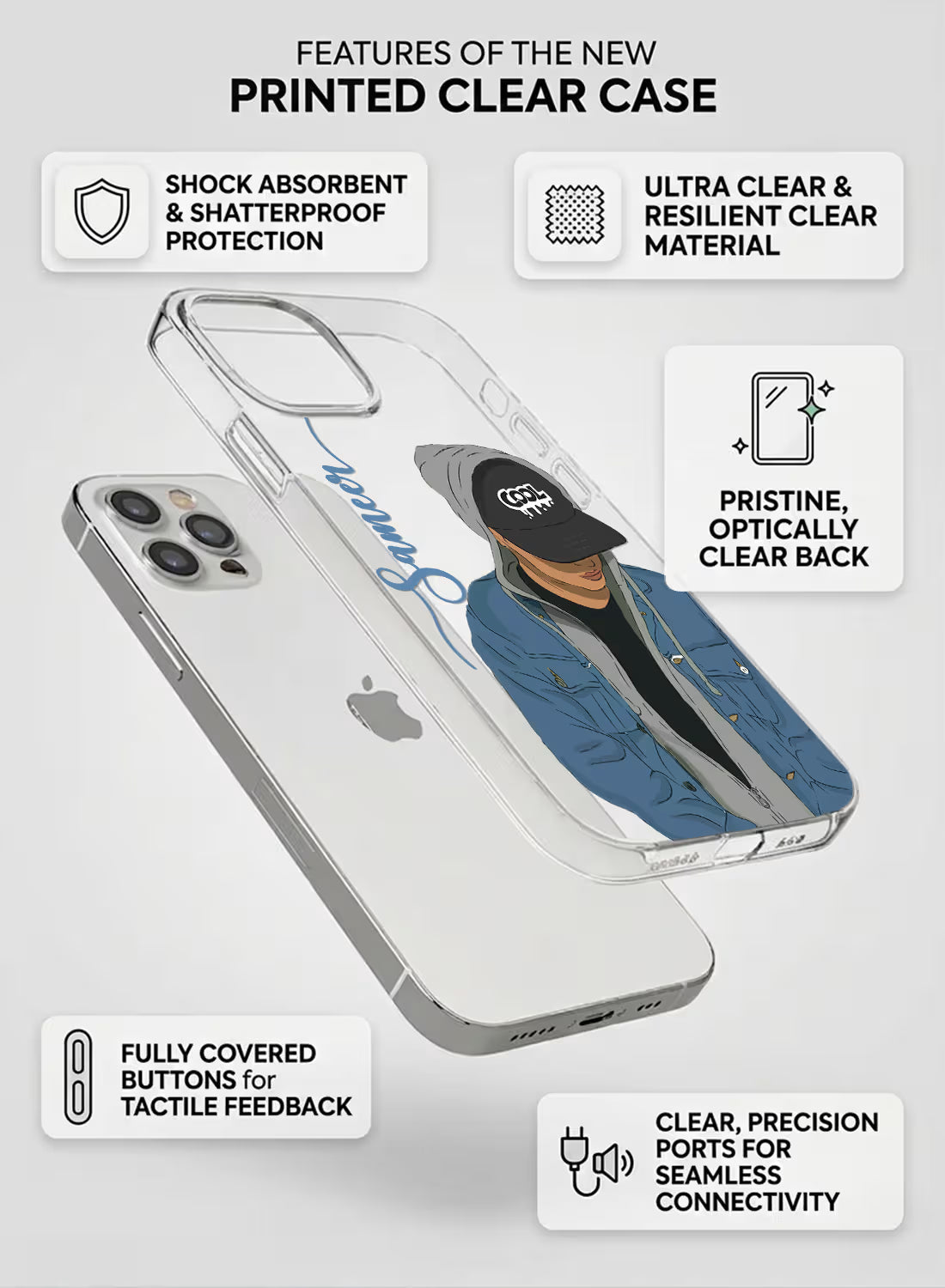 Custom name Sameer printed on clear silicone phone cover with streetwear cap boy design