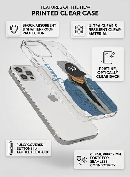 Custom name Sameer printed on clear silicone phone cover with streetwear cap boy design