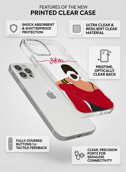 Custom name Aditi printed on clear silicone phone cover with red saree gajra bun girl design