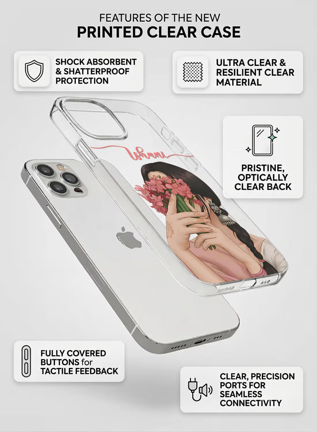 Desi Girl custom name silicone mobile cover with floral aesthetic illustration