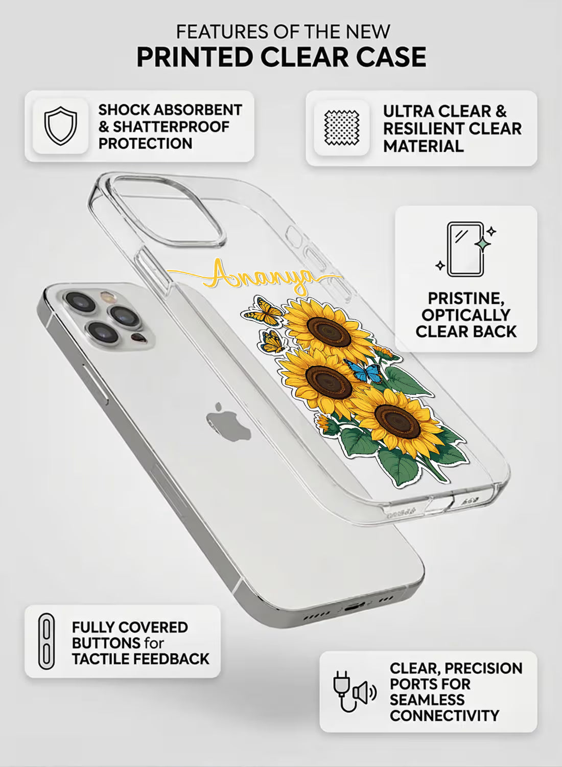 Custom name Ananya printed in golden script on clear silicone phone cover with sunflower and butterfly design
