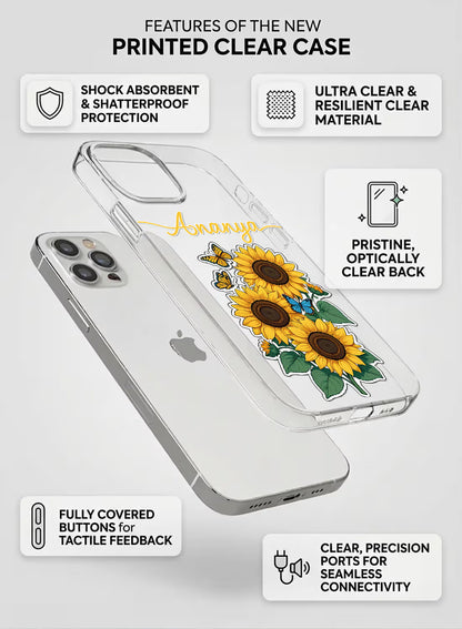 Custom name Ananya printed in golden script on clear silicone phone cover with sunflower and butterfly design
