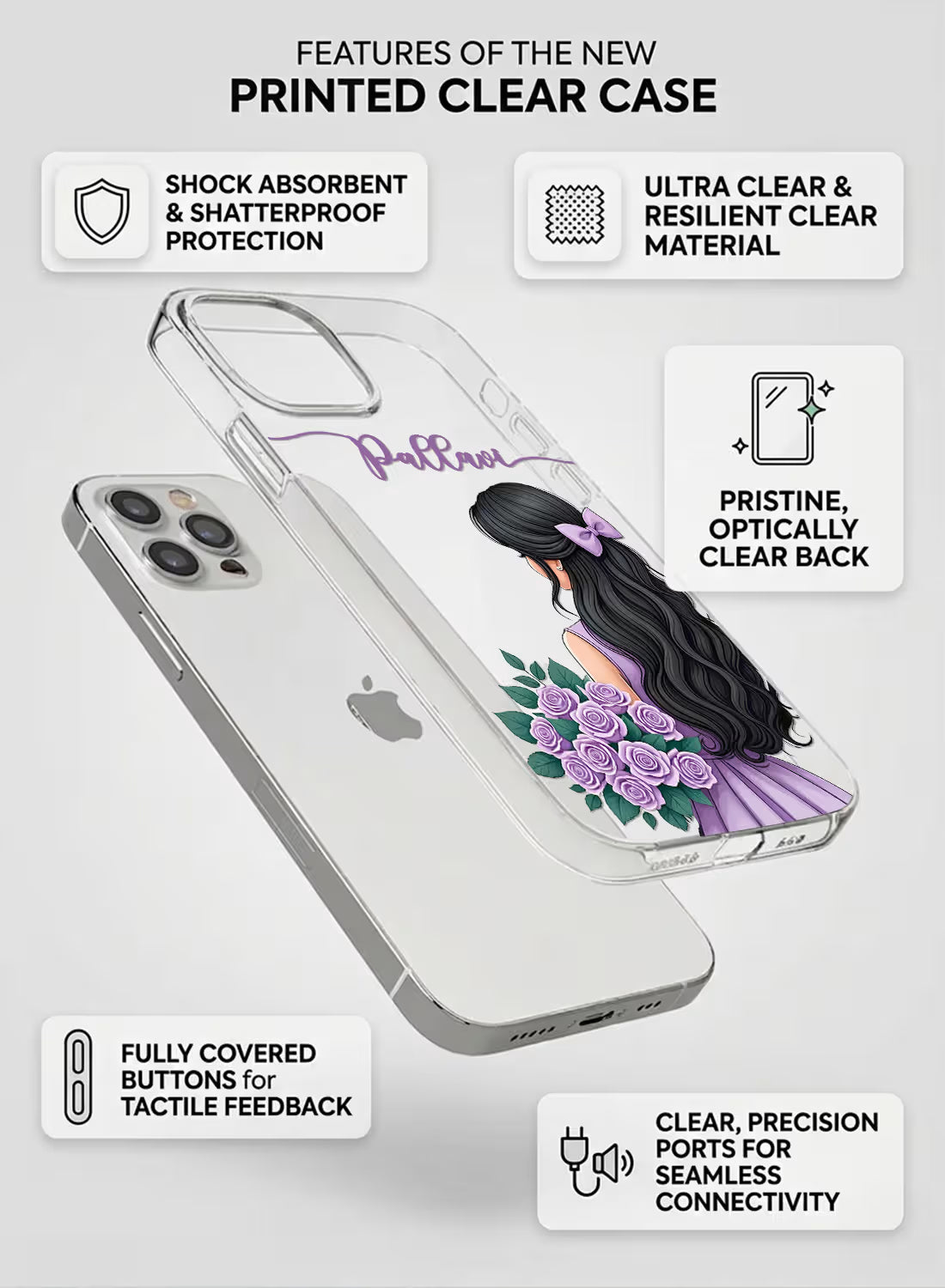 Custom name Pallavi printed on clear silicone phone cover with lavender rose bouquet girl design