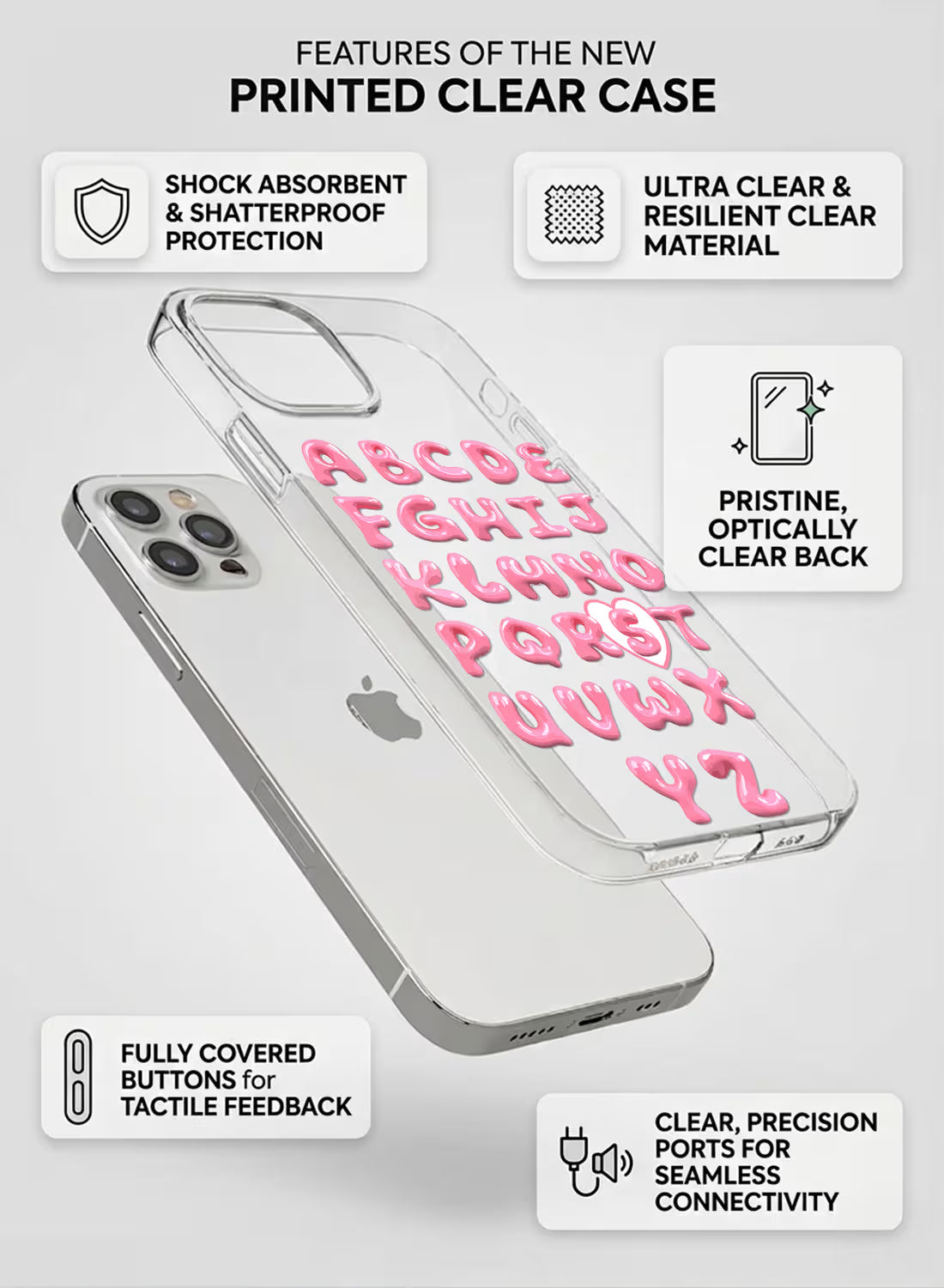 Custom clear silicone phone cover with pink bubble-letter alphabet text design, personalized name print