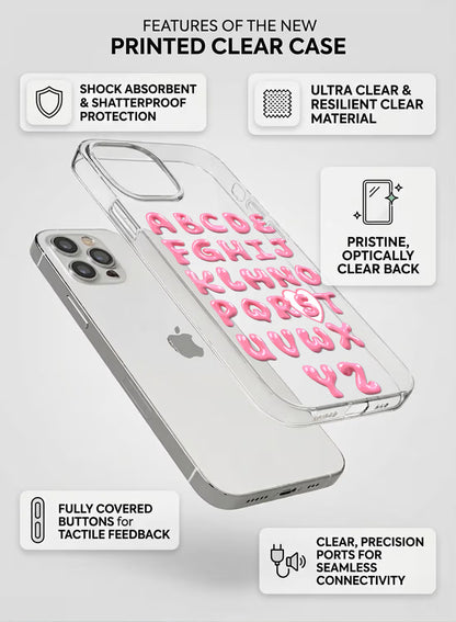 Custom clear silicone phone cover with pink bubble-letter alphabet text design, personalized name print