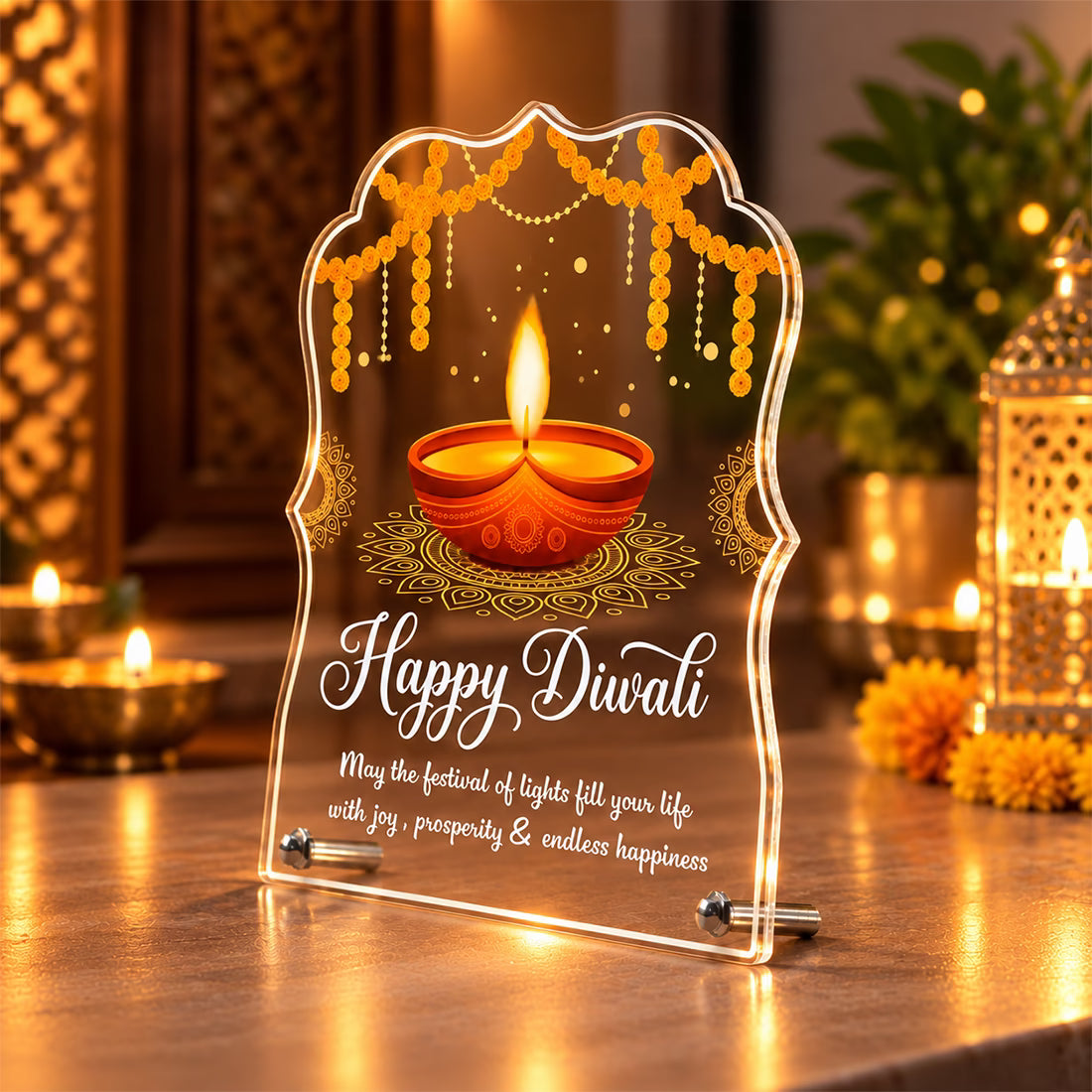 Happy Diwali acrylic tabletop frame with diya, marigold toran and mandala design on metal stand – Fashionury