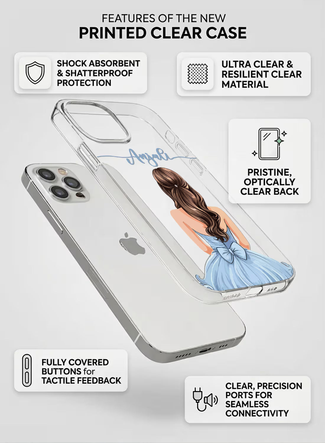 Custom UV-printed clear silicone phone cover with girl in blue gown, wavy hair and script name text design