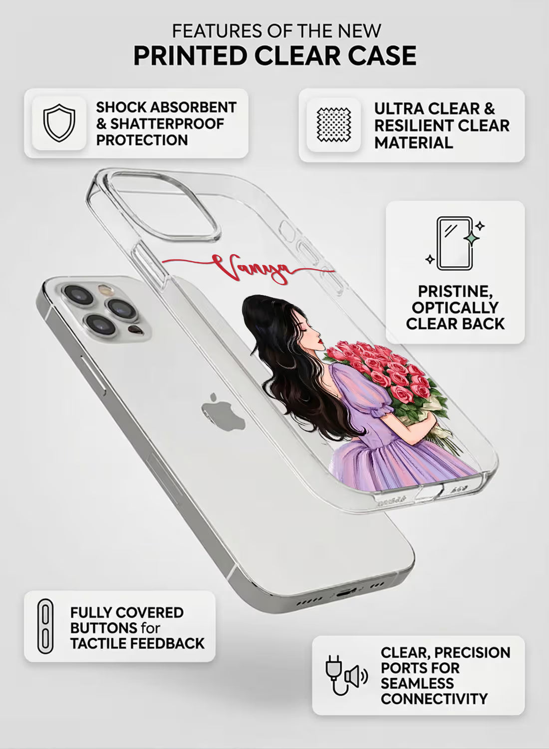 Rose Bouquet Girl custom name silicone mobile cover with romantic floral illustration