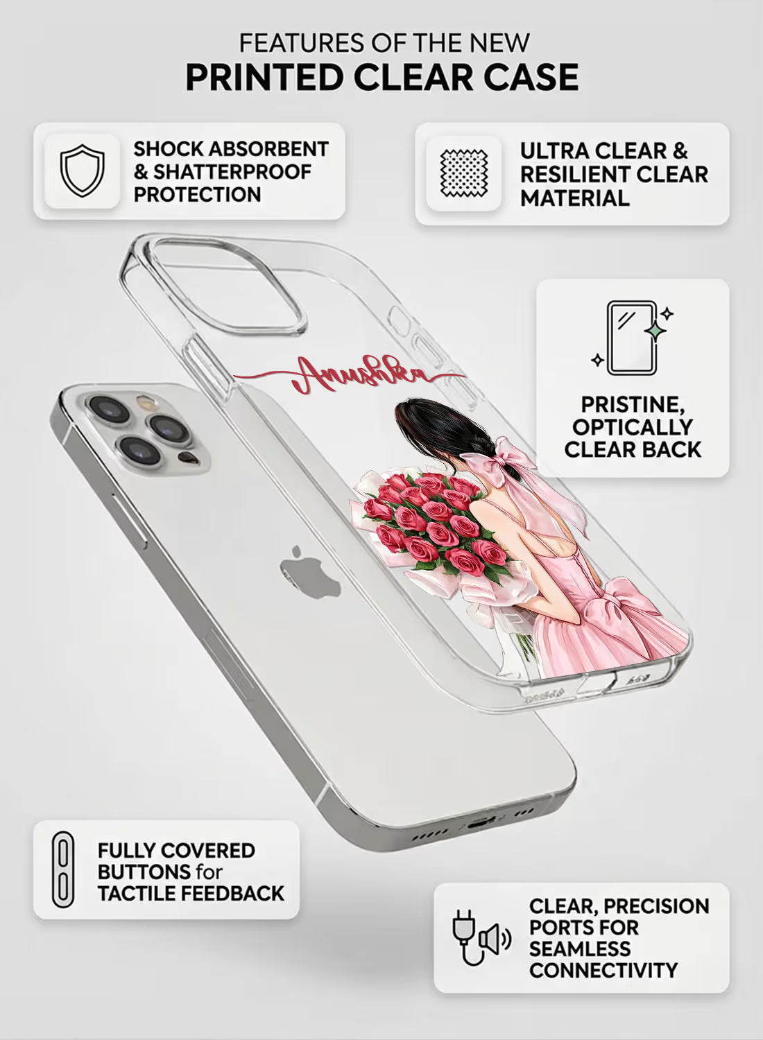 Custom name Anushka printed on clear silicone phone cover with pink rose bouquet girl design