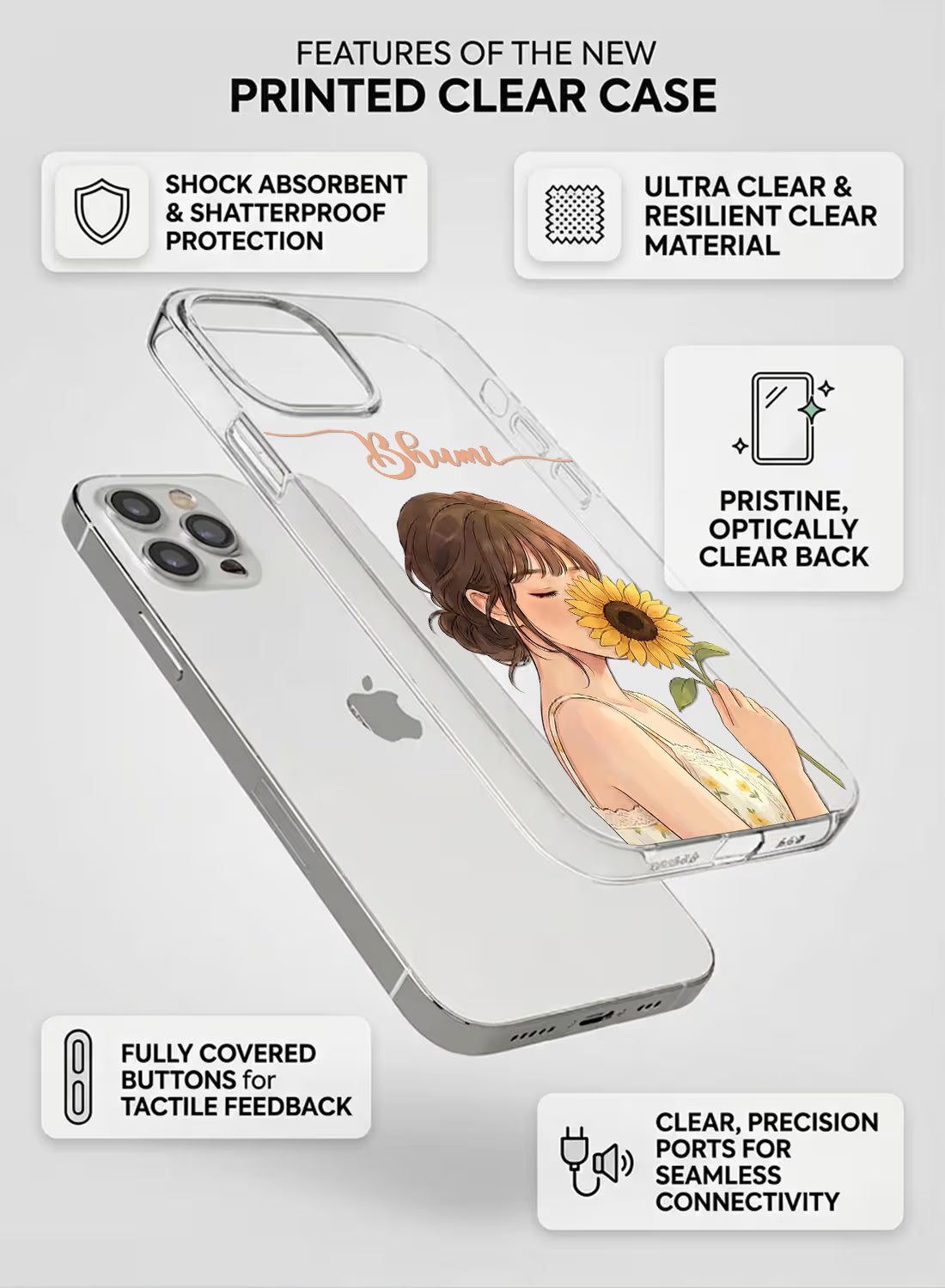 Infographic view of Custom clear silicone phone cover with anime girl holding sunflower and personalized script name text design