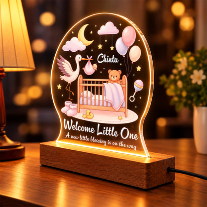 Welcome Little One personalized baby name acrylic LED night lamp with crib and stork design on wooden stand – Fashionury