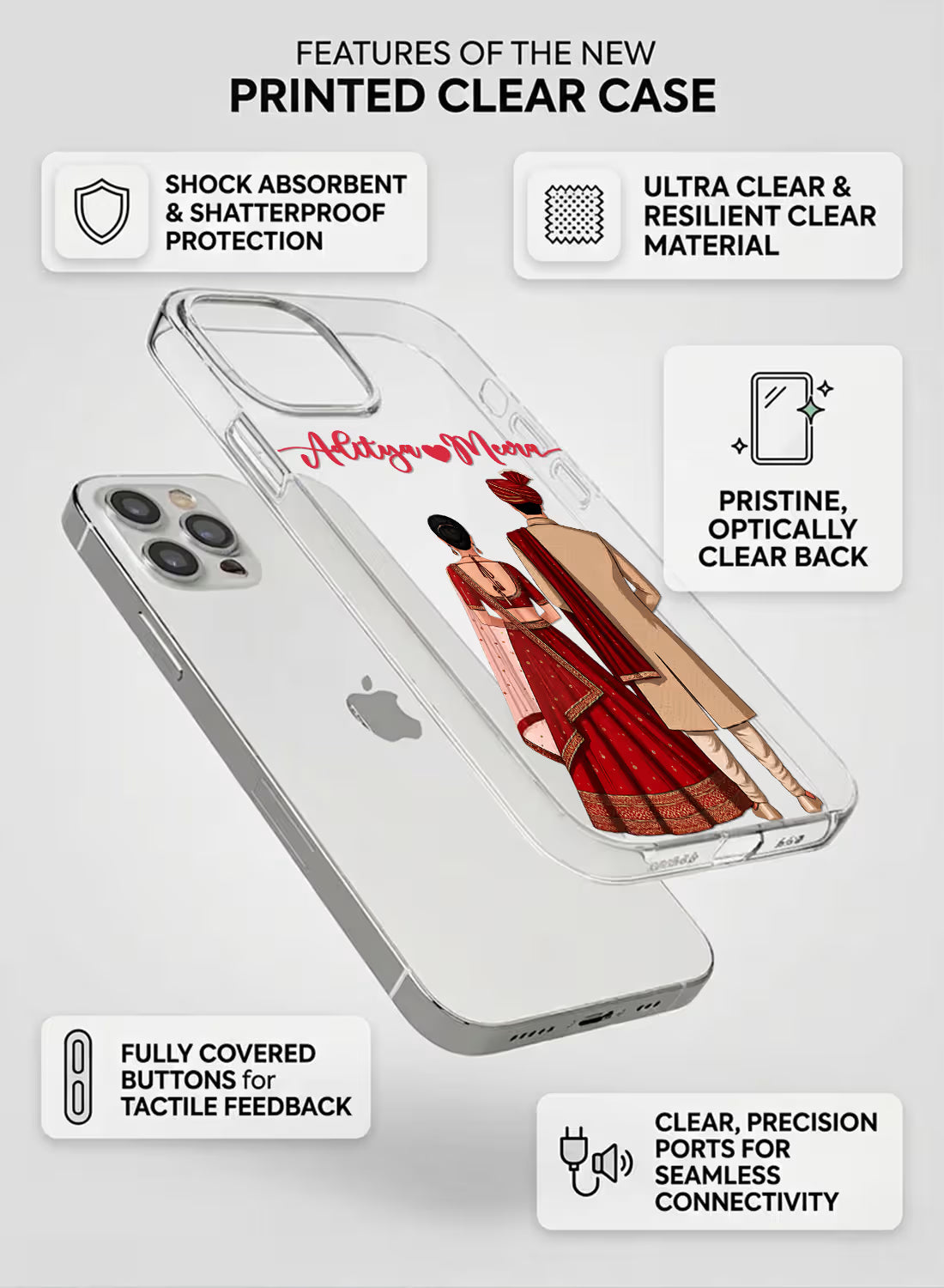 Custom UV-printed clear silicone phone cover with Indian bride and groom wedding couple and script couple names