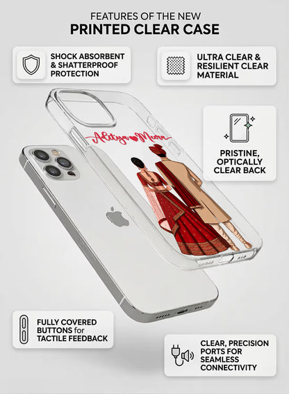 Custom UV-printed clear silicone phone cover with Indian bride and groom wedding couple and script couple names