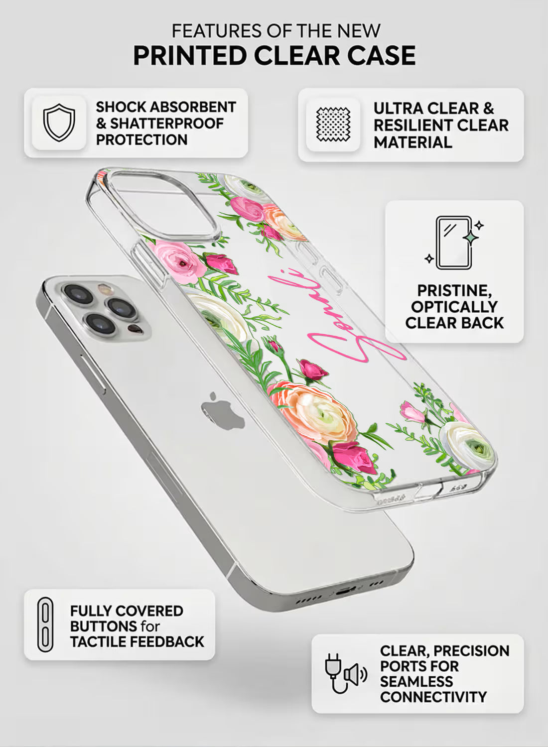 Custom name Sonali printed on clear silicone phone cover with pink rose garden floral border design