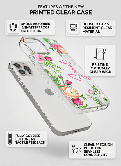 Custom name Sonali printed on clear silicone phone cover with pink rose garden floral border design
