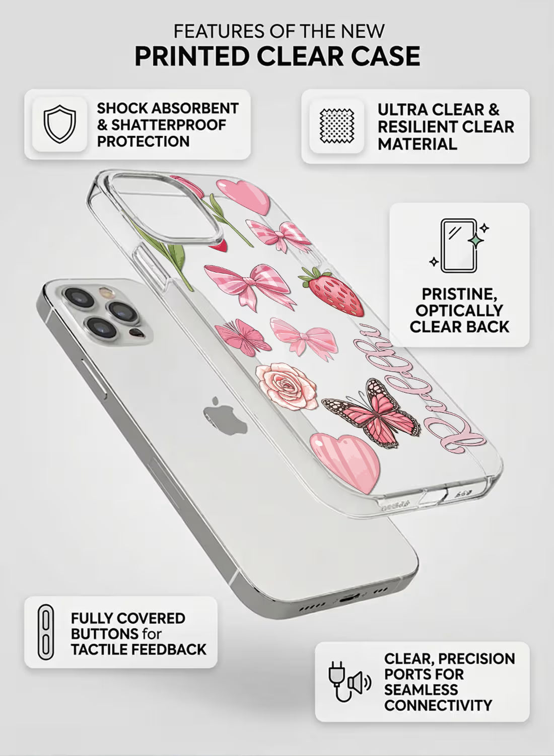 Coquette Pink Bows & Butterflies Clear Silicone Back Cover