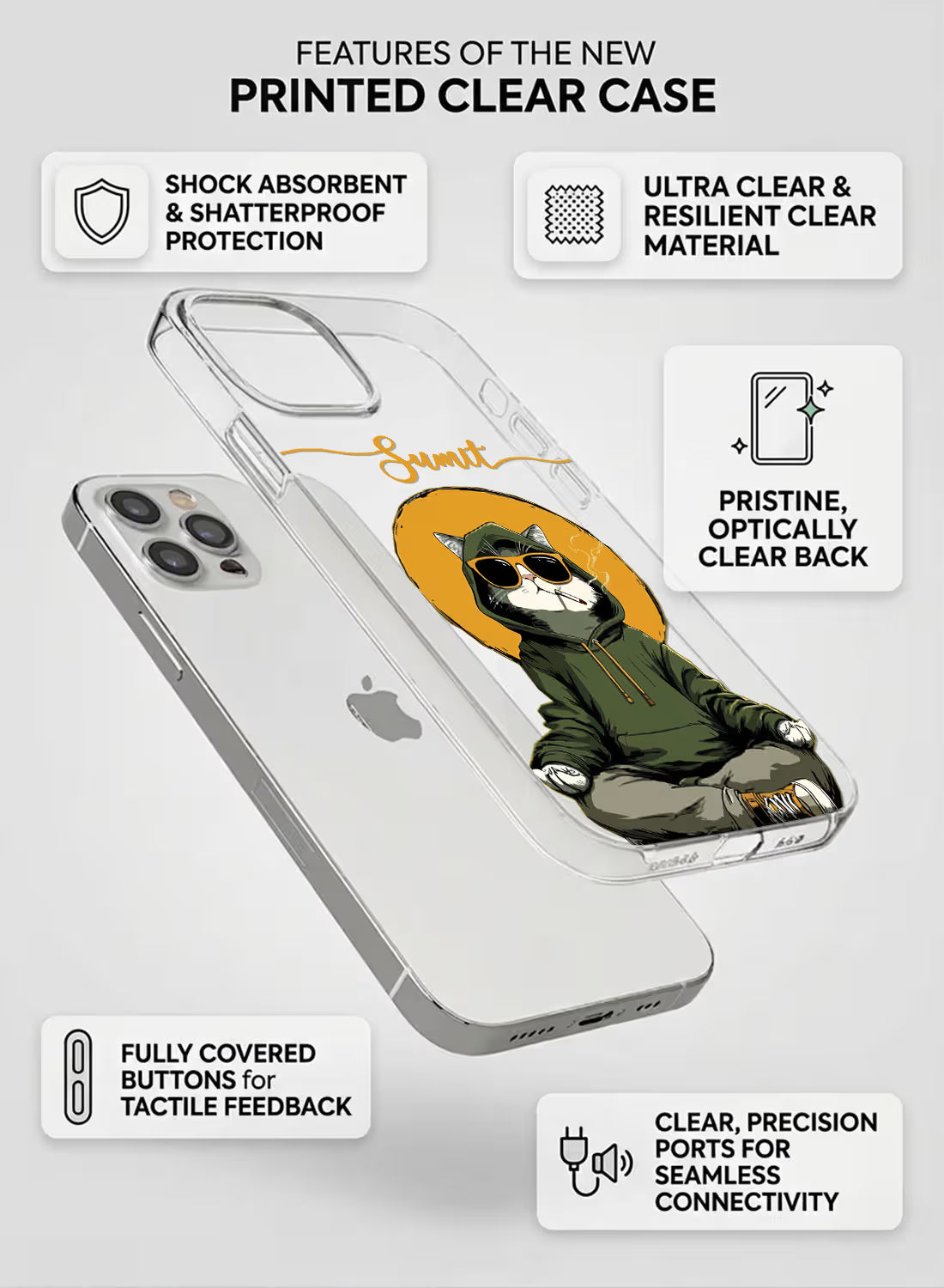 Custom clear silicone phone cover featuring a street art illustration of a cat wearing sunglasses and a green hoodie, sitting cross-legged and holding a smoking cigarette.