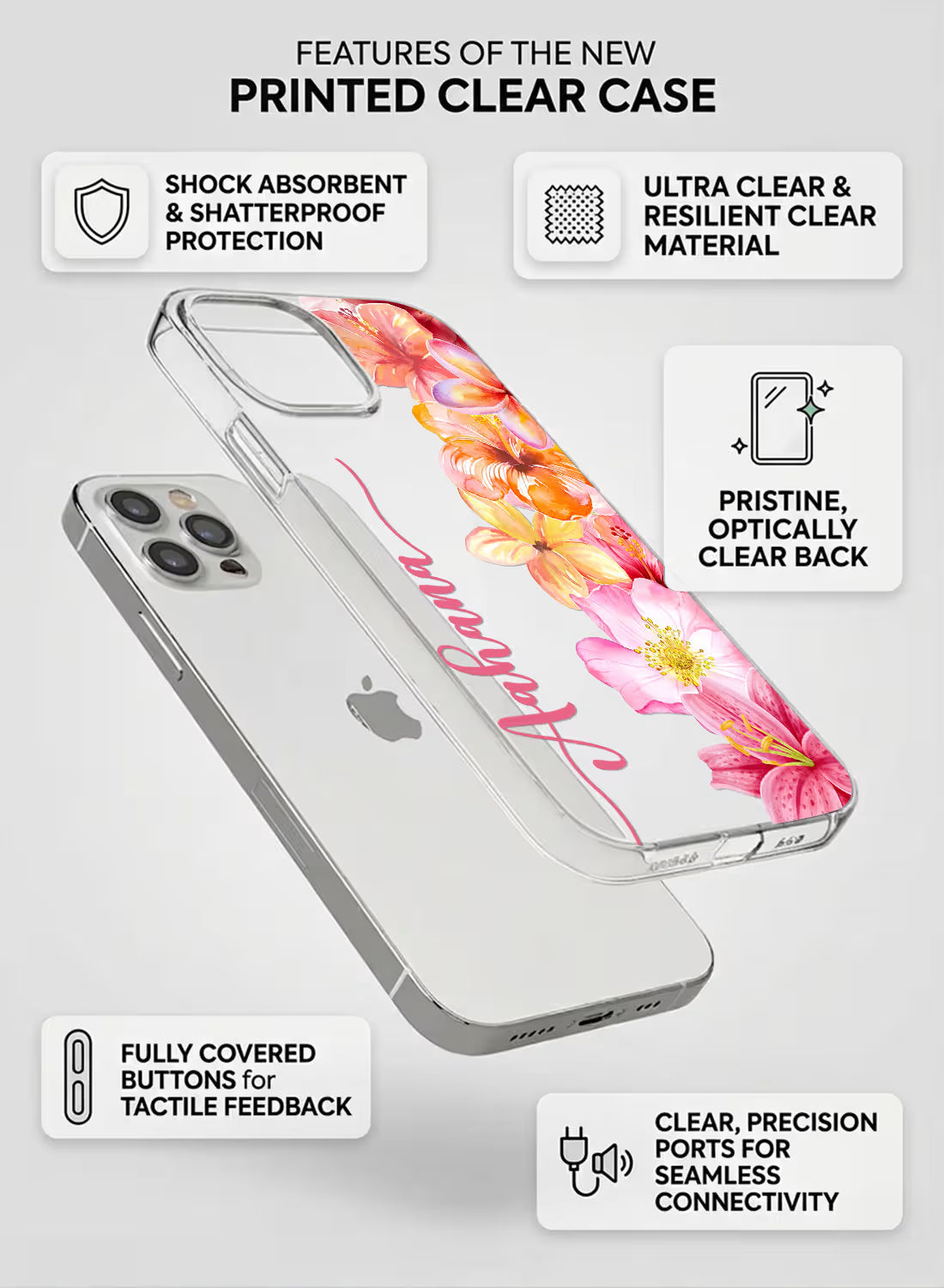 Custom name Aahana printed on clear silicone phone cover with tropical hibiscus floral design