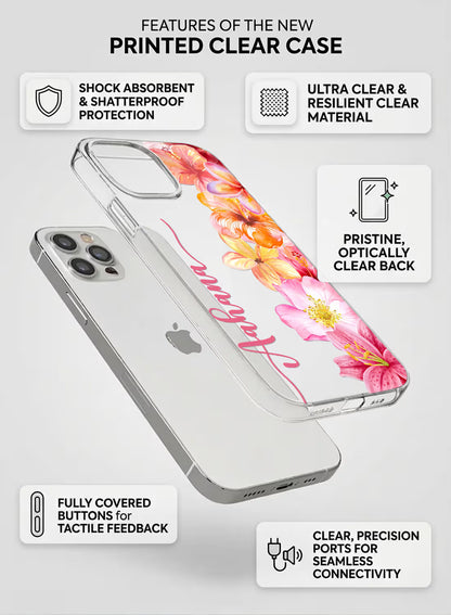 Custom name Aahana printed on clear silicone phone cover with tropical hibiscus floral design