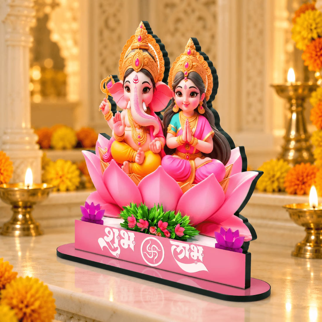Shubh Labh Lakshmi Ganesha MDF standee on pink lotus with cut-out base – Diwali decor by Fashionury