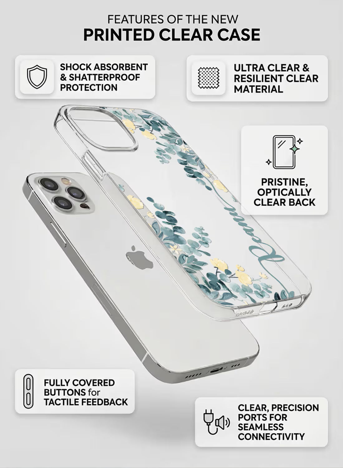Custom name Reanu printed vertically in teal script on a clear silicone phone case featuring a watercolor eucalyptus and yellow floral design.