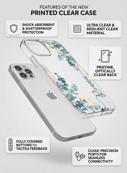 Custom name Reanu printed vertically in teal script on a clear silicone phone case featuring a watercolor eucalyptus and yellow floral design.