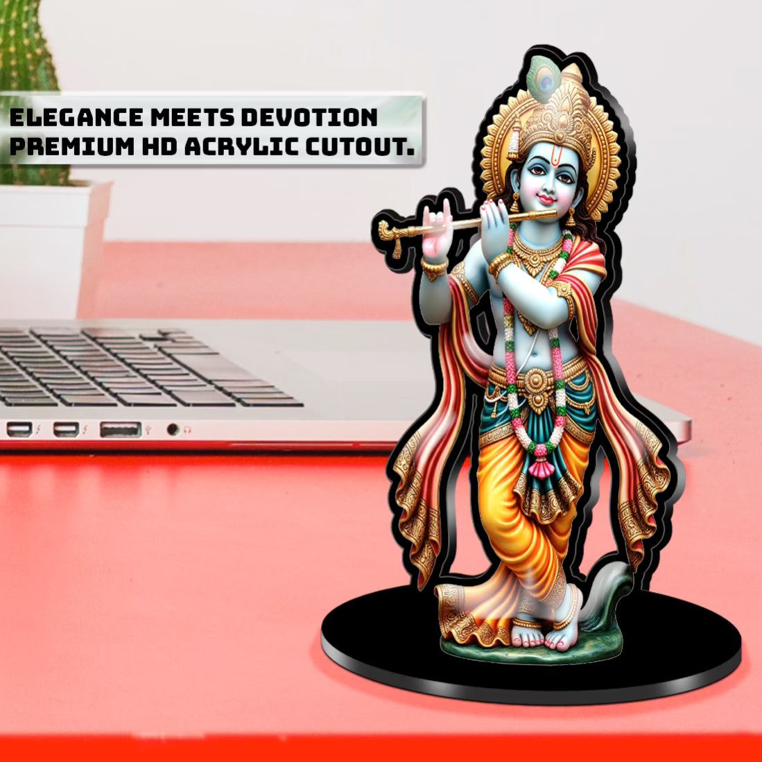 Standing Lord Krishna acrylic standee playing flute with peacock mukut on black base – Fashionury