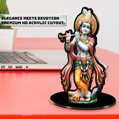 Standing Lord Krishna acrylic standee playing flute with peacock mukut on black base – Fashionury