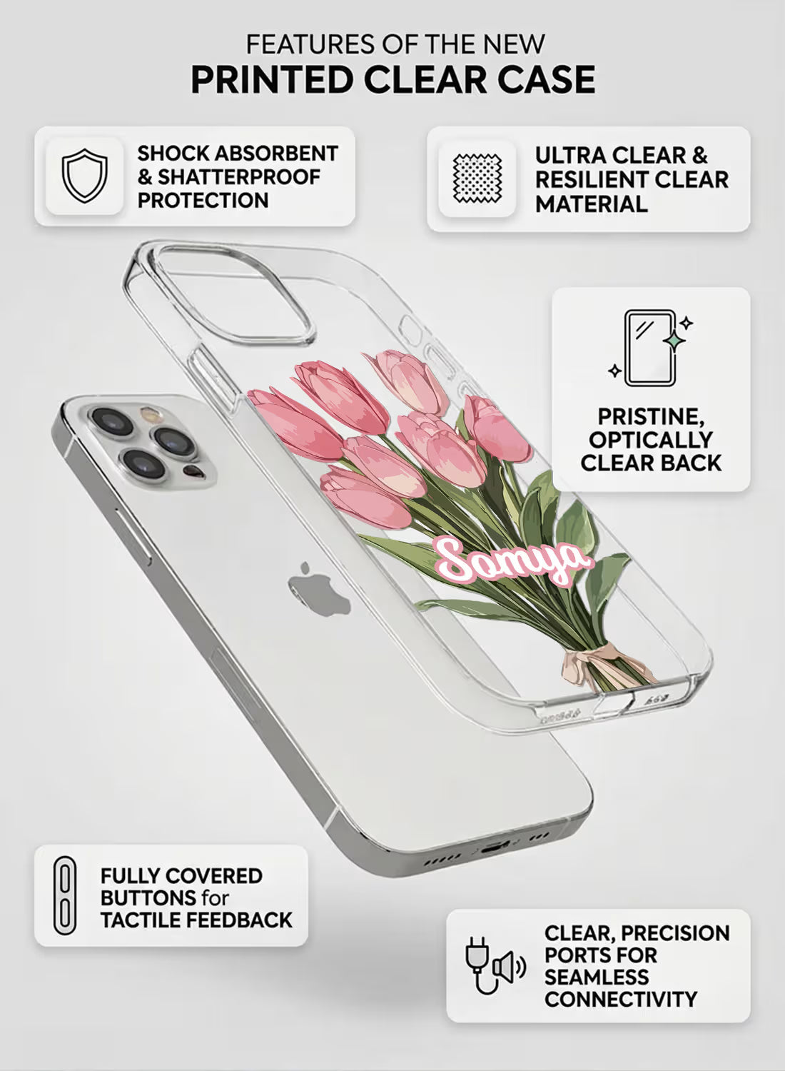 Custom clear silicone phone cover with pink tulip bouquet and personalized script name text design