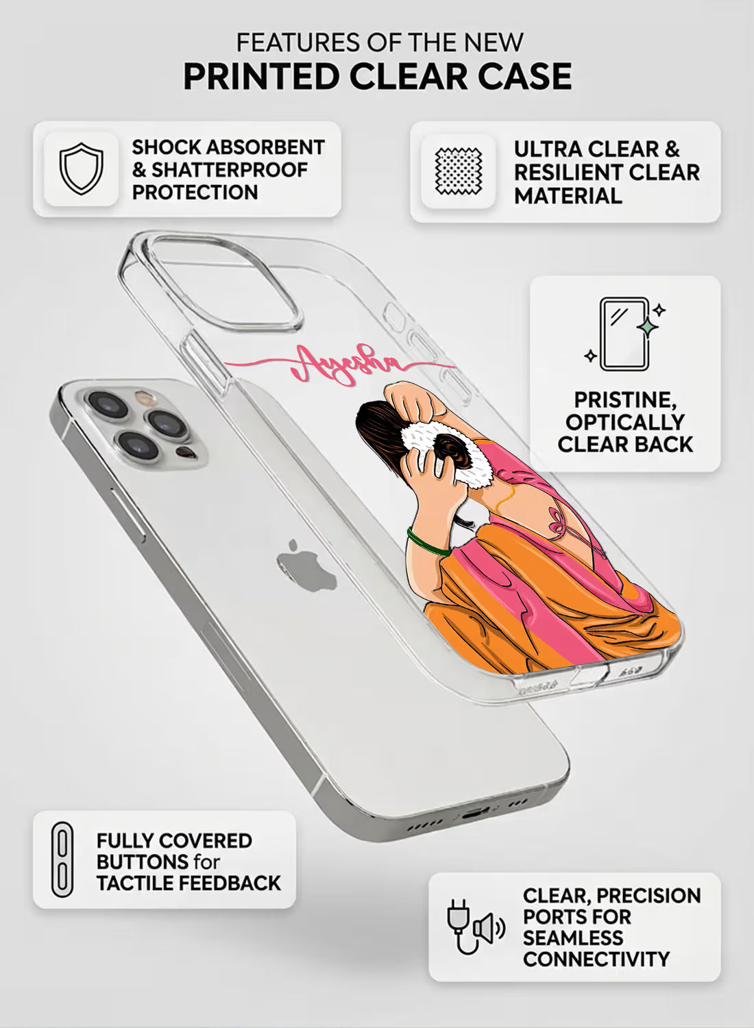 Custom name Ayesha printed on clear silicone phone cover with orange saree gajra bun girl design