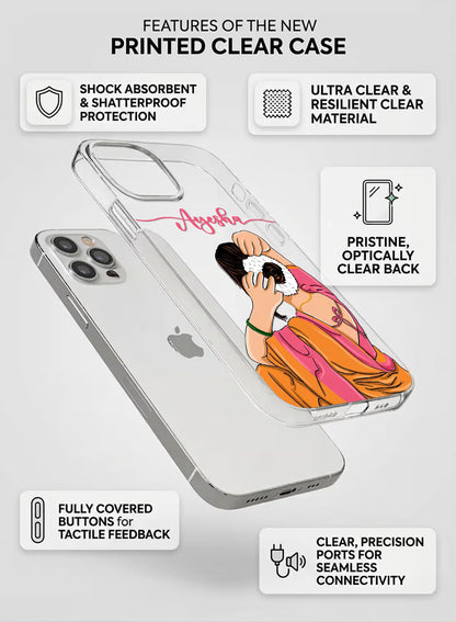 Custom name Ayesha printed on clear silicone phone cover with orange saree gajra bun girl design