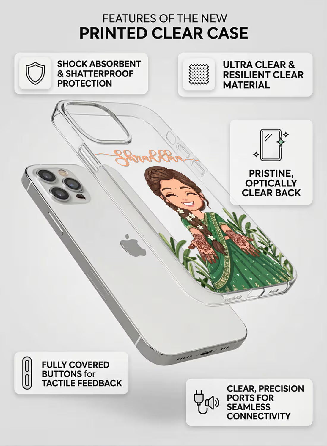 Custom UV-printed clear silicone phone cover with Indian girl in green saree, mehndi hands and script name text