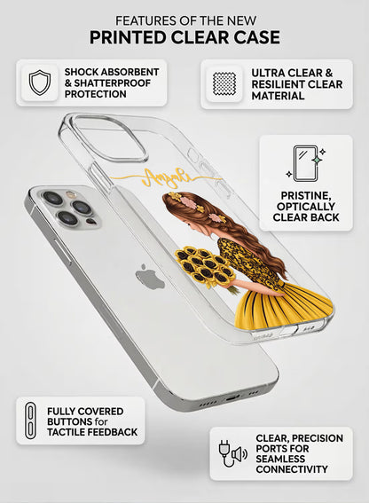 Custom UV-printed clear silicone phone cover with girl in yellow gown holding rose bouquet and script name text