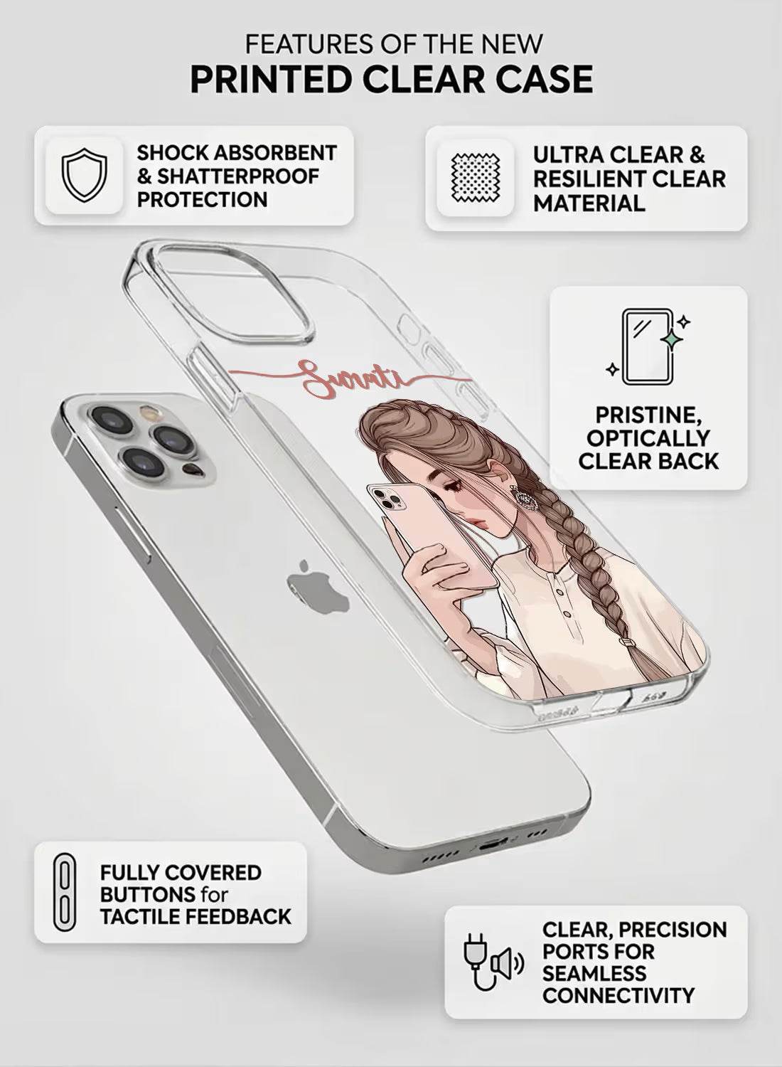 Custom name Swati printed in rose gold cursive on a clear silicone phone case with an illustration of a woman with a side braid holding a phone.