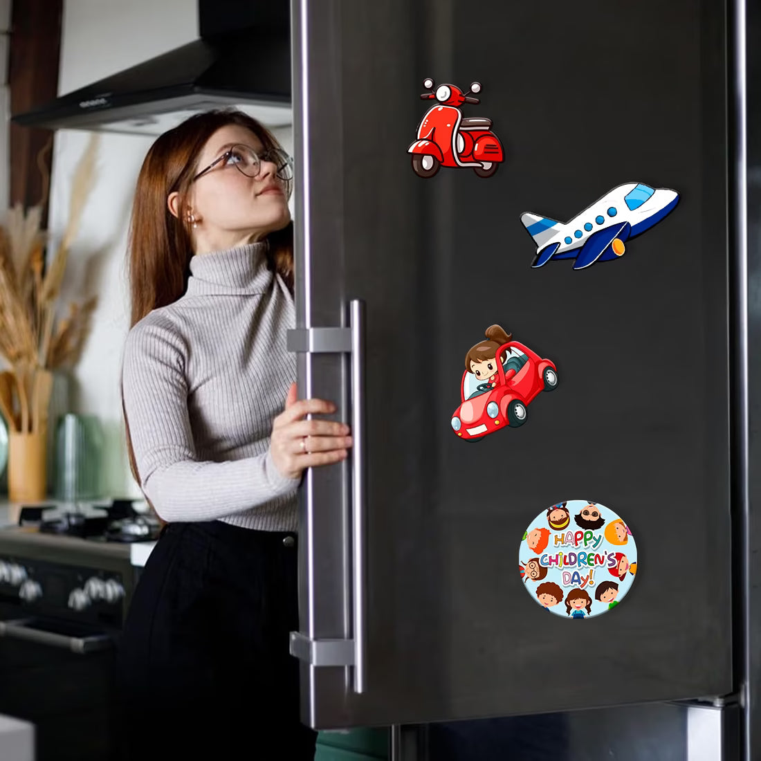 Children's Day vehicle theme MDF fridge magnet set of 4 with scooter, aeroplane and car designs – Fashionury