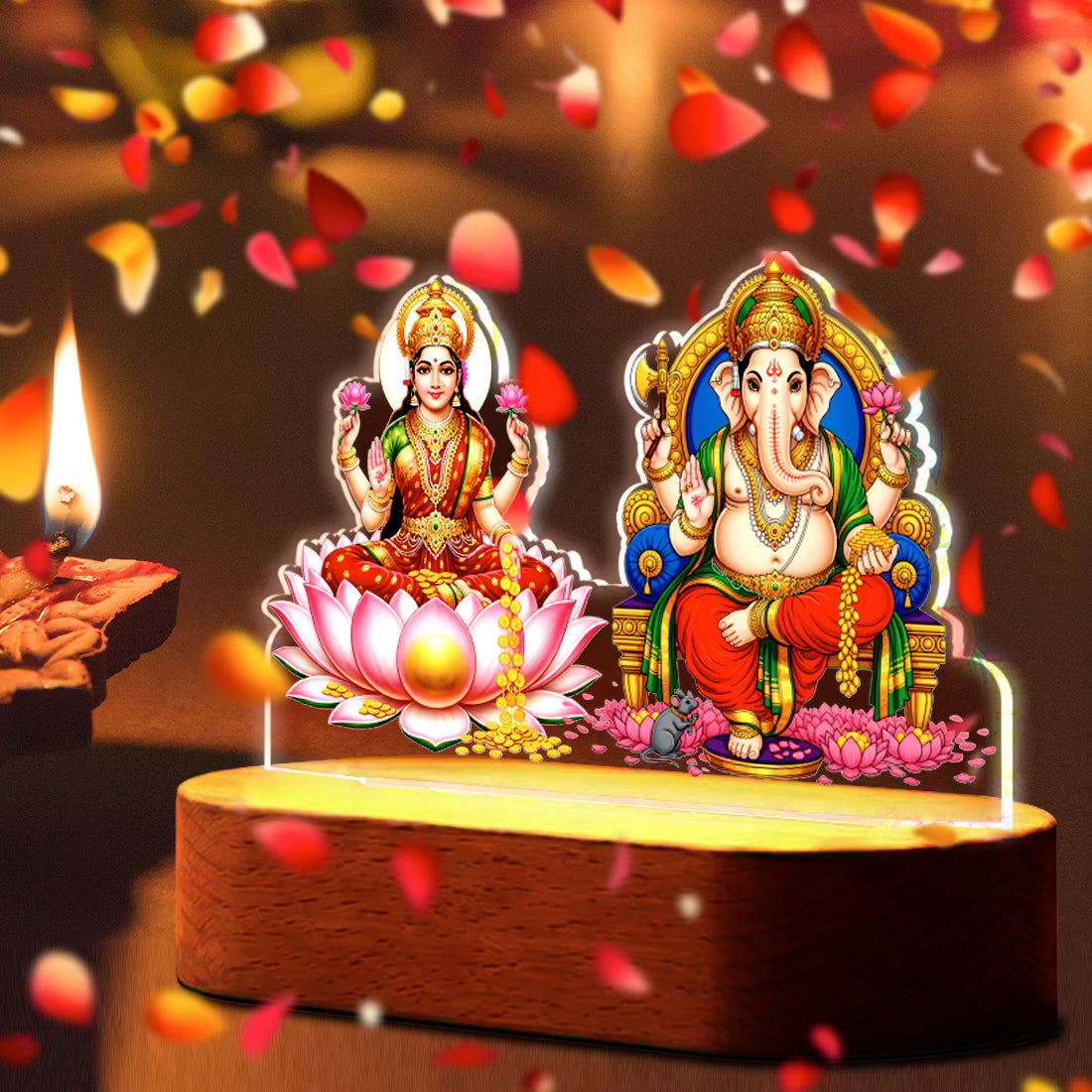 Lakshmi Ganesha acrylic LED lamp with rechargeable wireless wooden base and warm glow – Diwali pooja decor by Fashionury