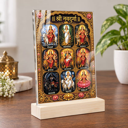 Shri Navdurga acrylic tabletop frame showing nine forms of Maa Durga with golden border and wooden base – Fashionury