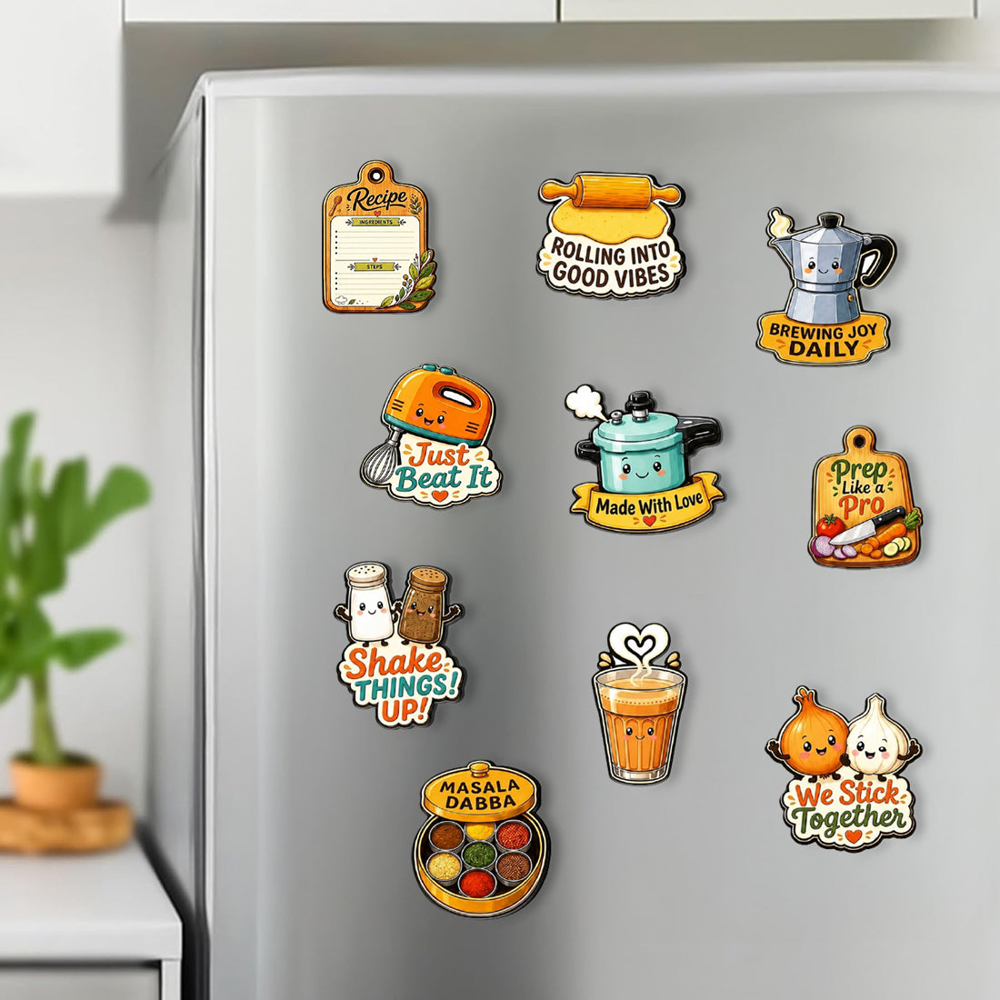 Cute kitchen MDF fridge magnet set of 10 with masala dabba, chai, cooker and quote designs – Fashionury