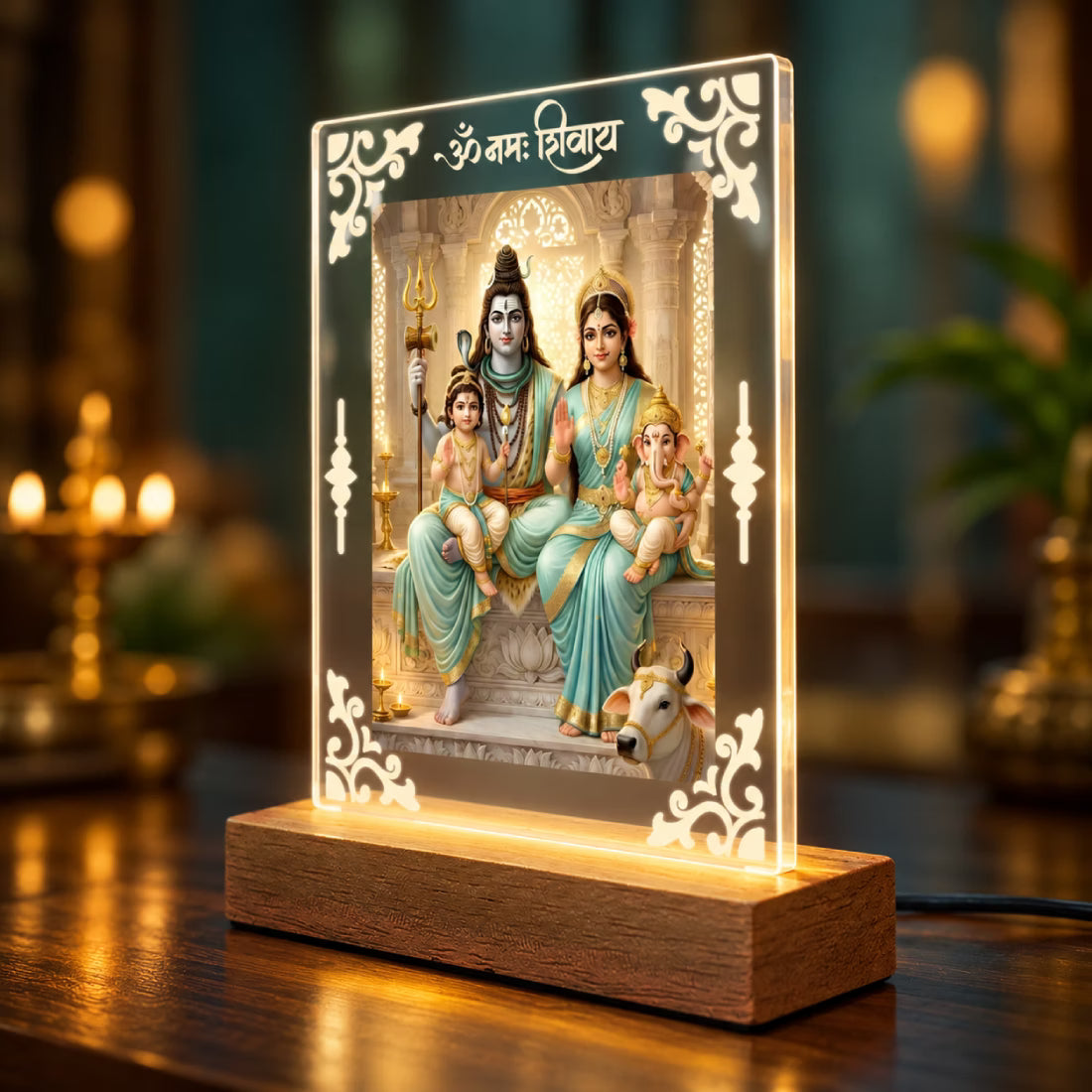 Shiv Parivar acrylic LED table lamp with Om Namah Shivay design and warm glow on wooden stand – Fashionury