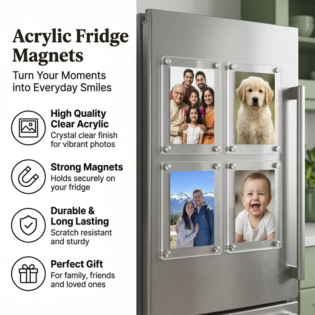 Polaroid acrylic photo fridge magnet set of 4 with family photos and silver screw corners – Fashionury