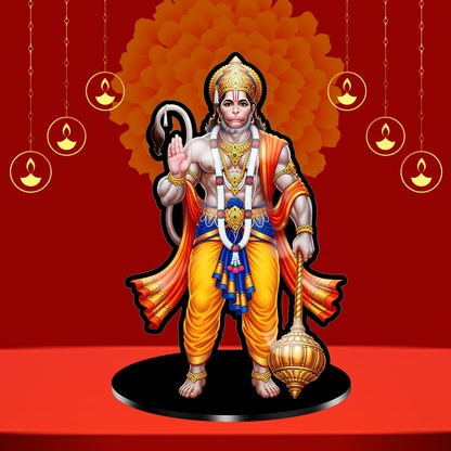 Lord Hanuman acrylic standee in blessing pose with gada and garland on black base – Fashionury