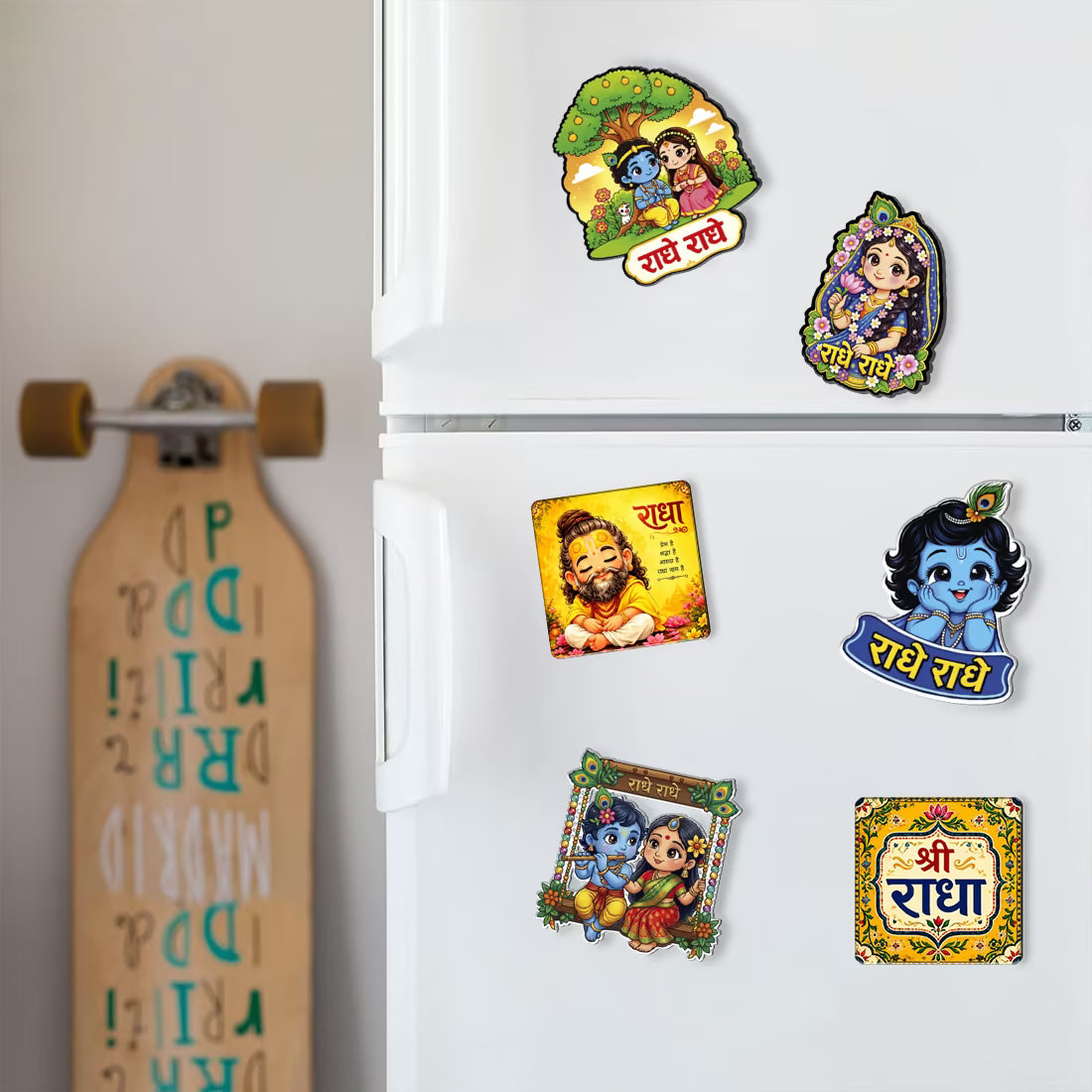 Radhe Radhe MDF fridge magnet set of 6 with cute Radha Krishna devotional designs – Fashionury